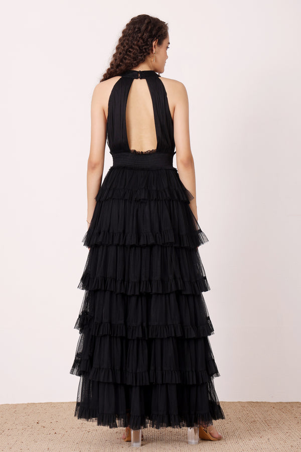 Lace & Beads Lucerne High Neck Maxi Dress In Black