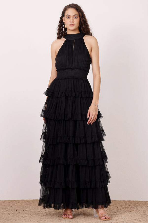 Lace & Beads Lucerne High Neck Maxi Dress In Black