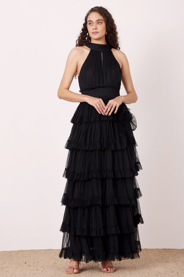 lace & beads Lucerne High Neck Maxi Dress in Black