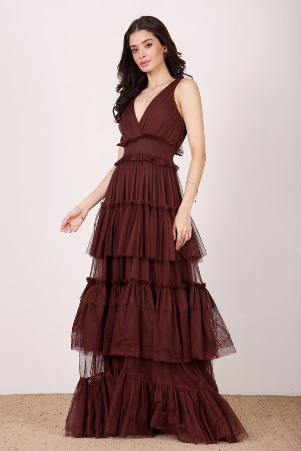 Lace & Beads Luna Maxi Dress In Chocolate Brown
