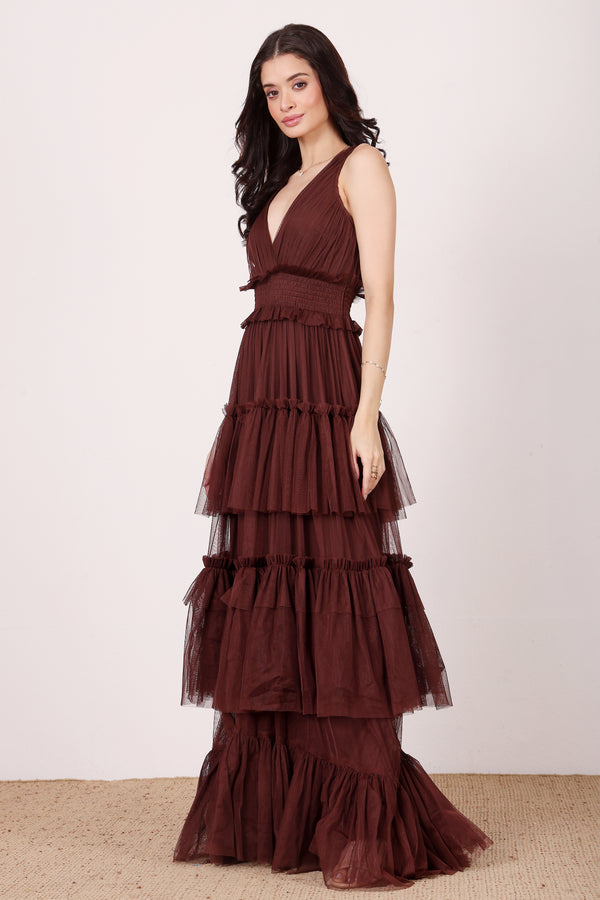 lace & beads Luna Maxi Dress in Chocolate Brown