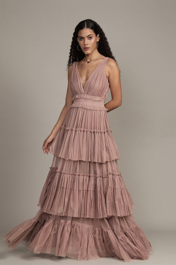 lace & beads Luna Maxi Dress in Taupe