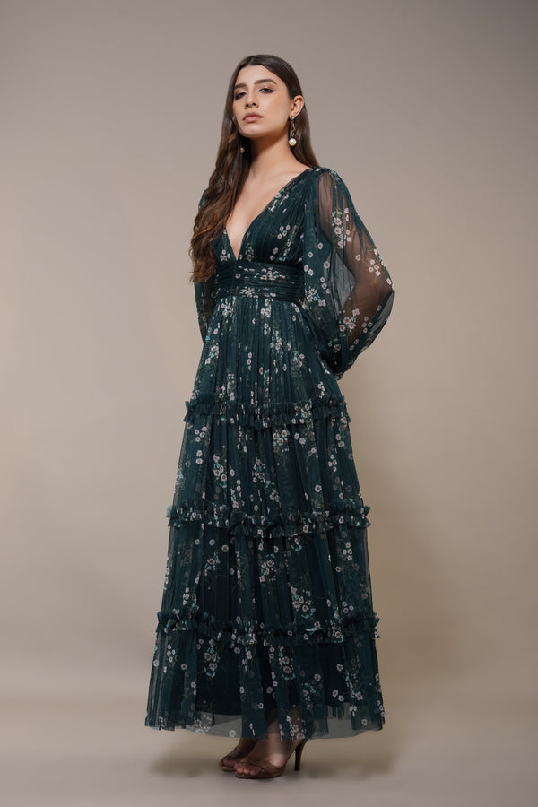 Lace & Beads Lydia Maxi Dress In Emerald Floral