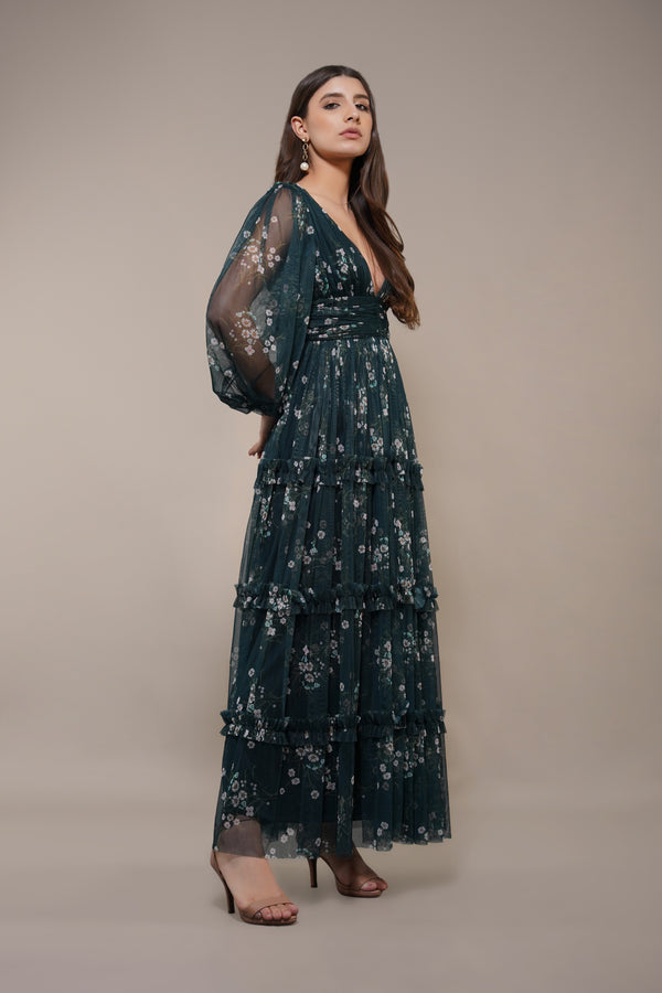 Lace & Beads Lydia Maxi Dress In Emerald Floral