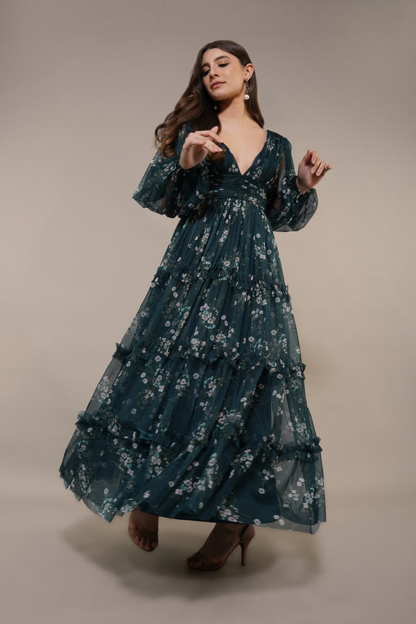 Lace & Beads Lydia Maxi Dress In Emerald Floral