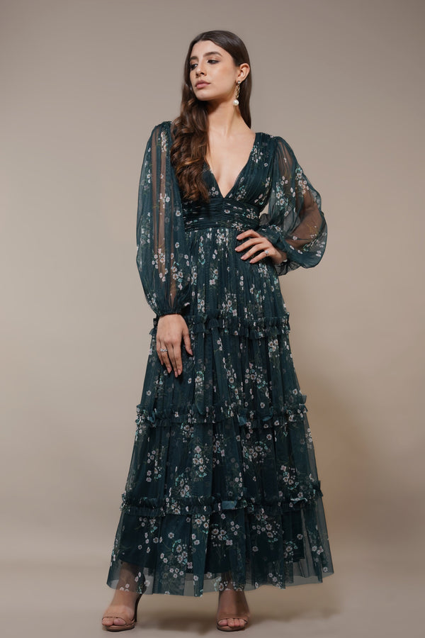 lace & beads Lydia Maxi Dress in Emerald Floral