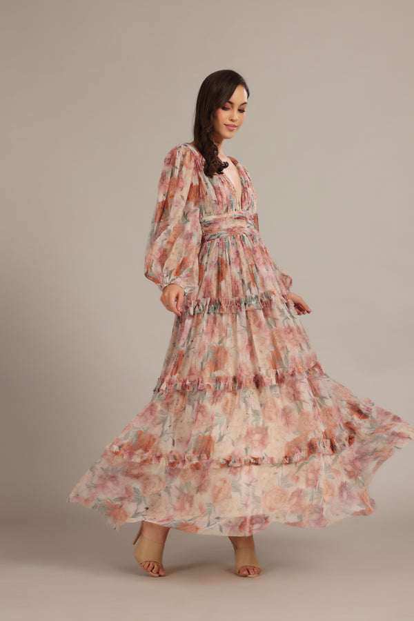 Lace & Beads Lydia Maxi Dress In Light Brown Floral