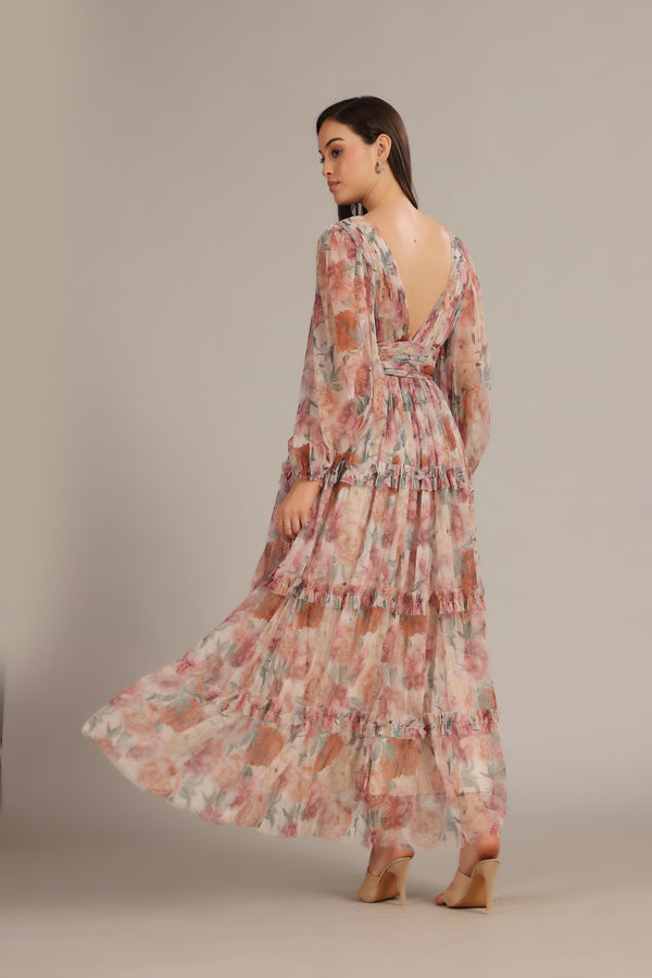 Lace & Beads Lydia Maxi Dress In Light Brown Floral