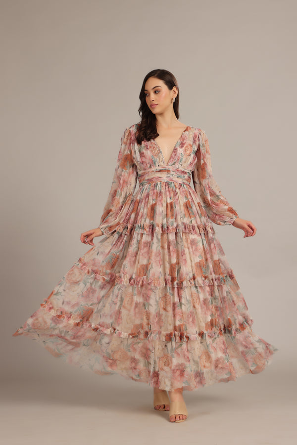 Lace & Beads Lydia Maxi Dress In Light Brown Floral