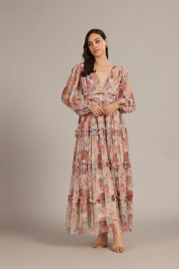 lace & beads Lydia Maxi Dress in Light Brown Floral