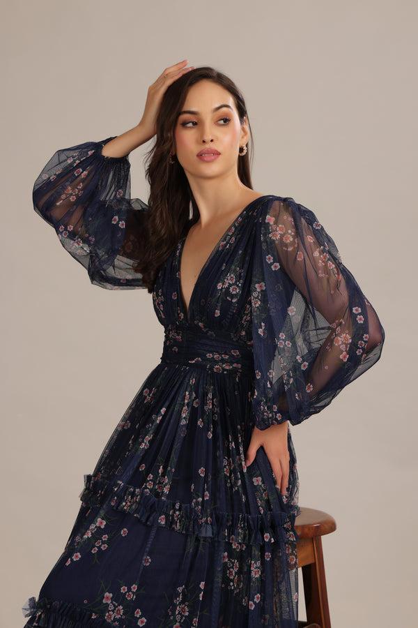 Lace & Beads Lydia Maxi Dress In Navy Floral