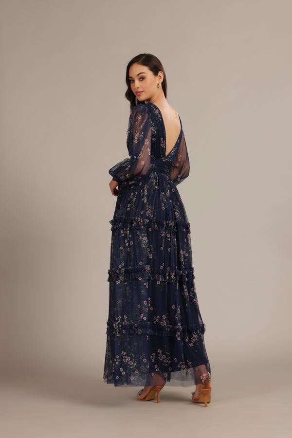 Lace & Beads Lydia Maxi Dress In Navy Floral