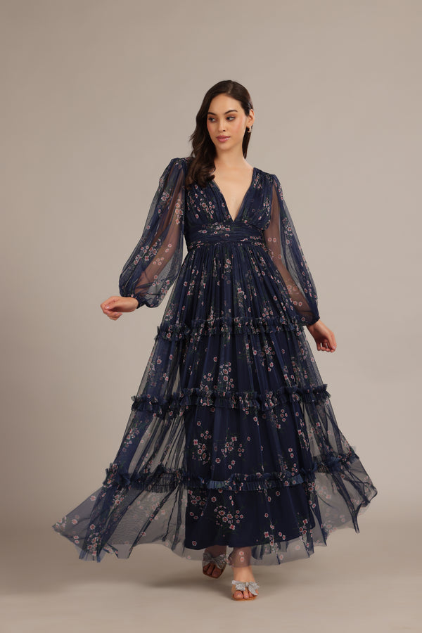 Lace & Beads Lydia Maxi Dress In Navy Floral
