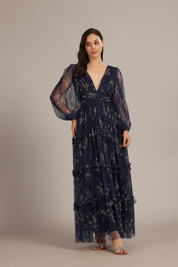 lace & beads Lydia Maxi Dress in Navy Floral