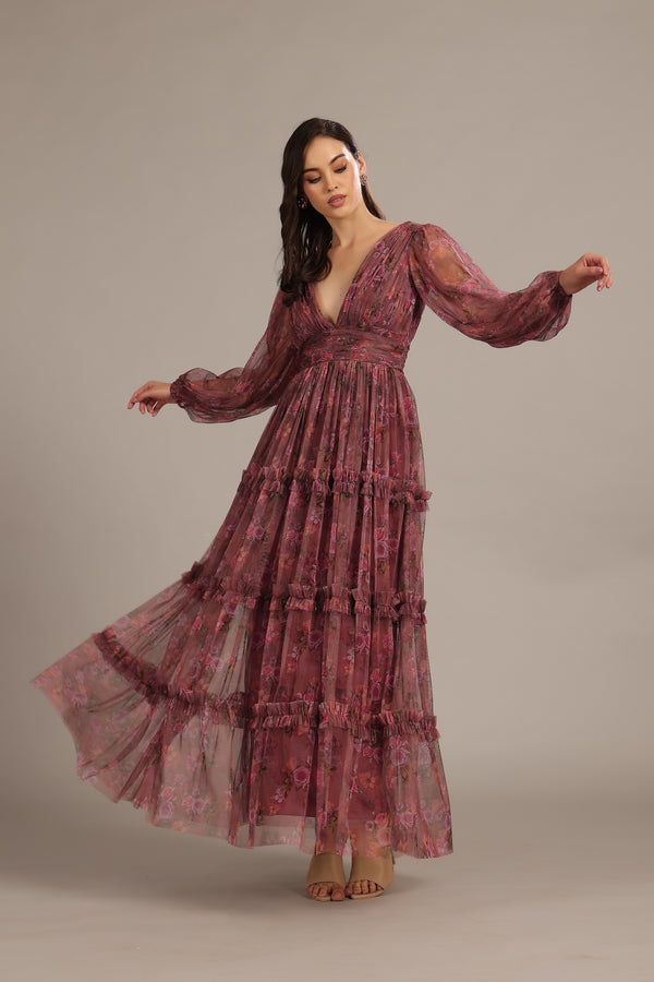 Lace & Beads Lydia Maxi Dress In Purple Floral