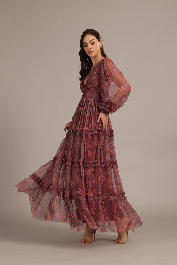 Lace & Beads Lydia Maxi Dress In Purple Floral