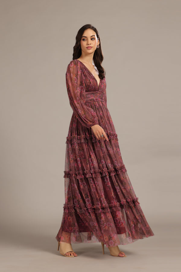 Lace & Beads Lydia Maxi Dress In Purple Floral