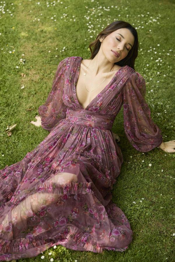 lace & beads Lydia Maxi Dress in Purple Floral