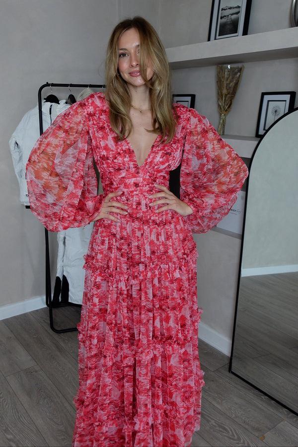 lace & beads Lydia Maxi Dress in Red Floral