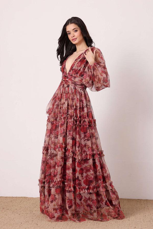 Lace & Beads Lydia Maxi Dress In Rose Floral