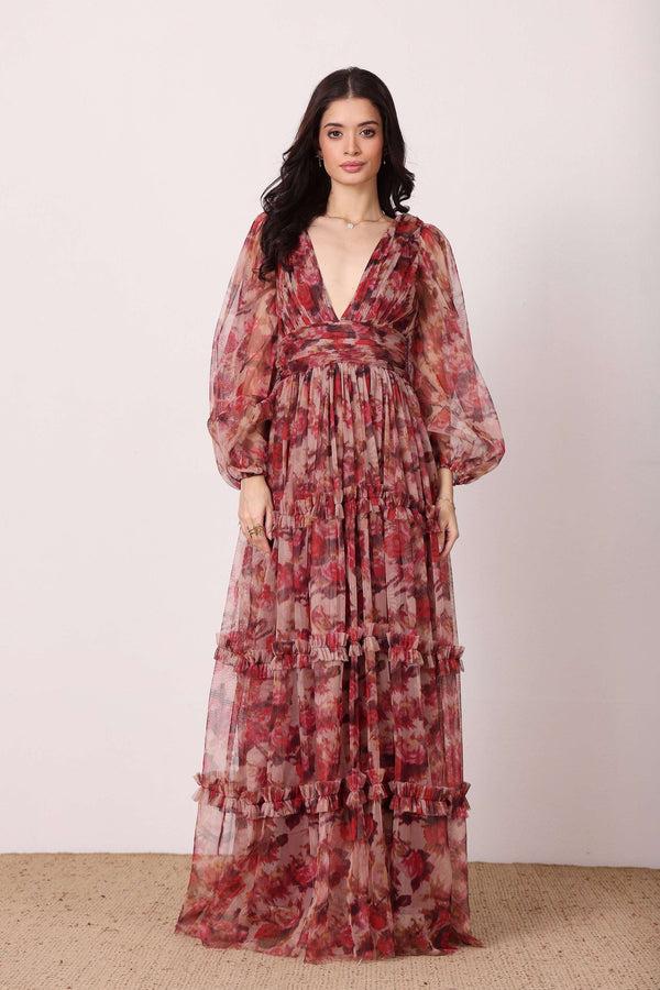 Lace & Beads Lydia Maxi Dress In Rose Floral
