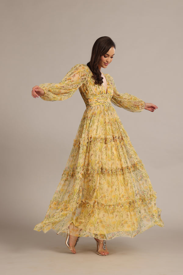 Lace & Beads Lydia Maxi Dress In Yellow Floral