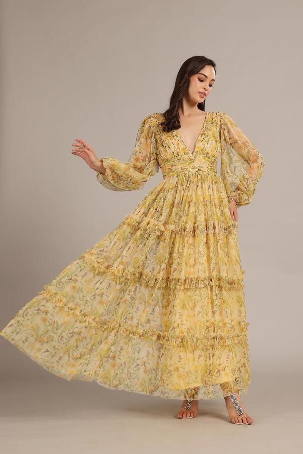 Lace & Beads Lydia Maxi Dress In Yellow Floral