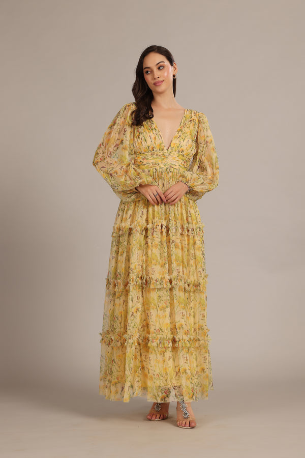 lace & beads Lydia Maxi Dress in Yellow Floral
