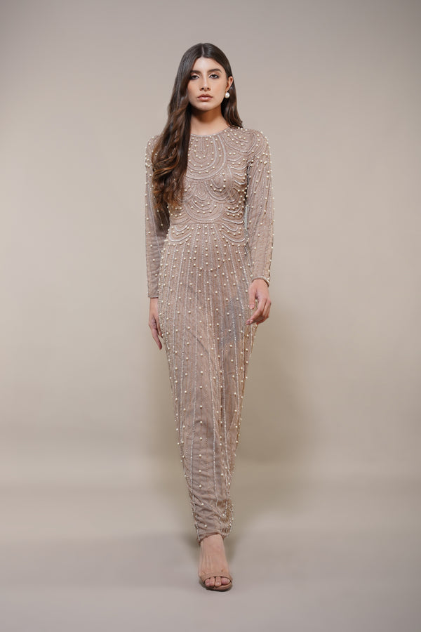 Lace & Beads Mabel Embellished Maxi Dress In Taupe