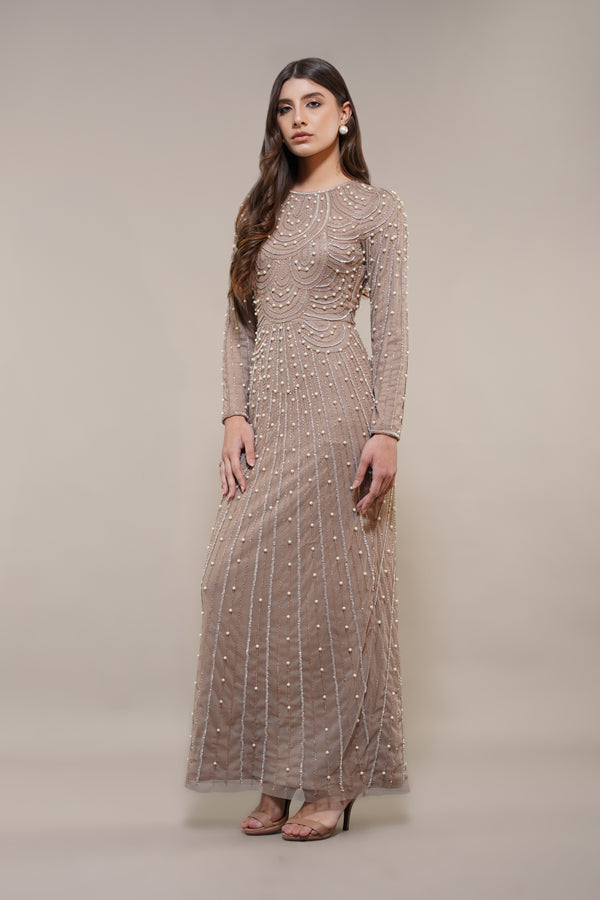 lace & beads Mabel Embellished Maxi Dress in Taupe