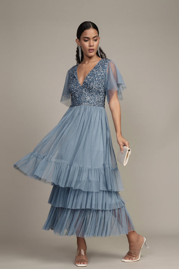 Lace & Beads Maddie Embellished Midi In Dusty Blue