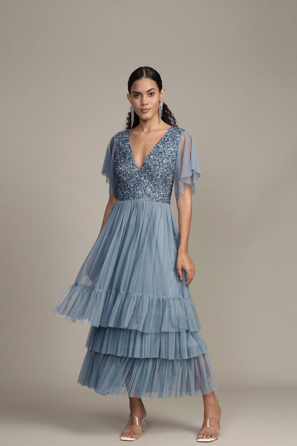 Lace & Beads Maddie Embellished Midi In Dusty Blue