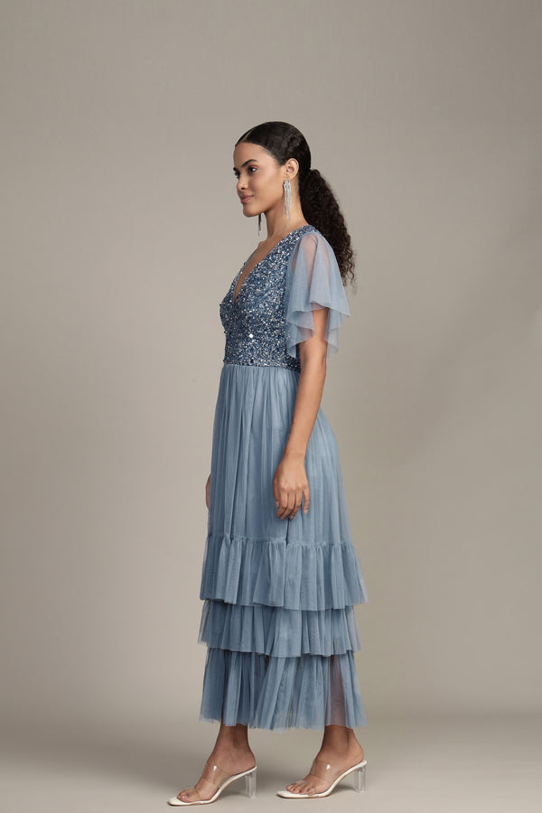 Lace & Beads Maddie Embellished Midi In Dusty Blue