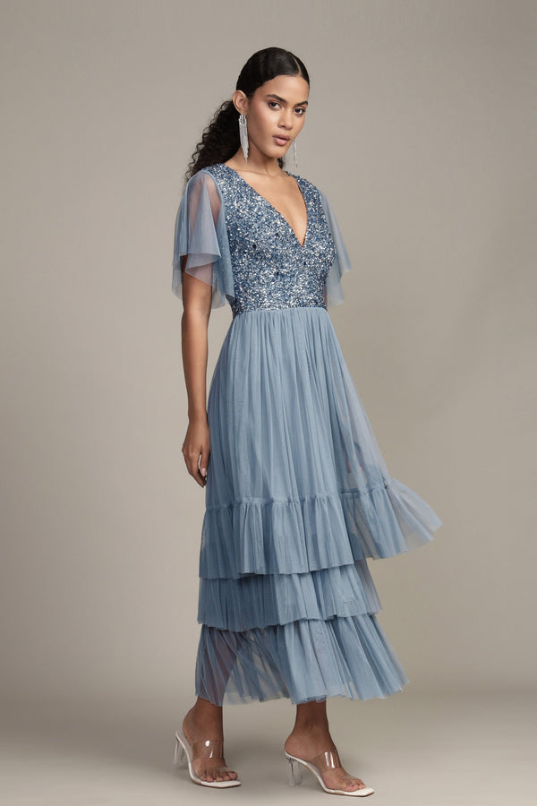 lace & beads Maddie Embellished Midi in Dusty Blue