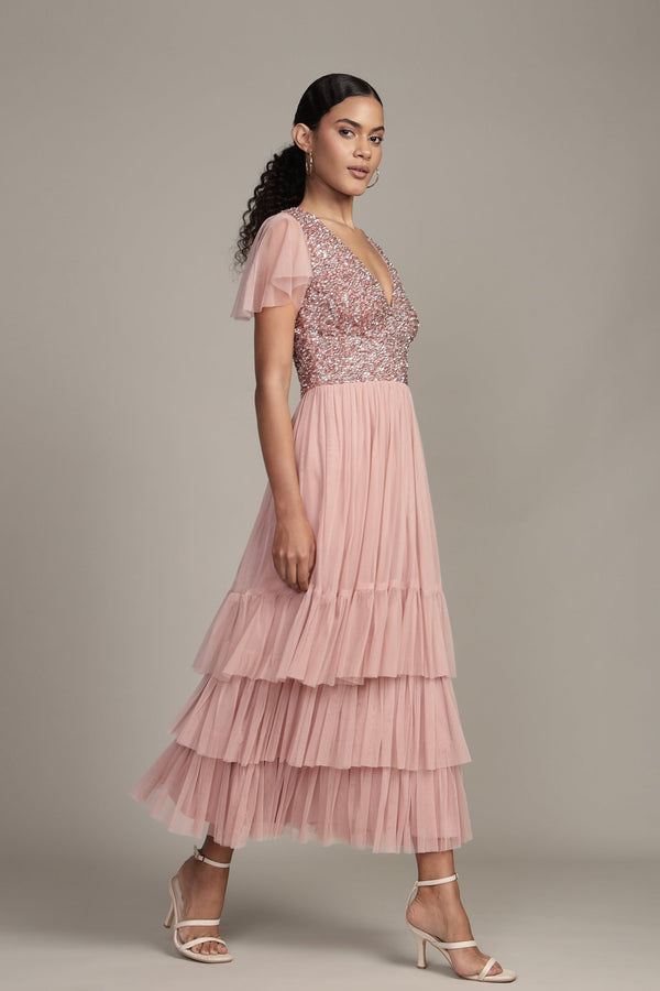 Lace & Beads Maddie Embellished Midi In Dusty Pink