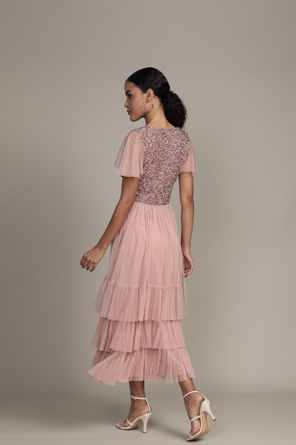 Lace & Beads Maddie Embellished Midi In Dusty Pink
