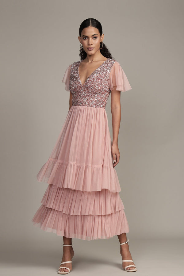lace & beads Maddie Embellished Midi in Dusty Pink