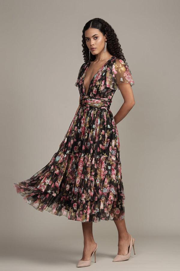 Lace & Beads Madison Black Floral Tulle Midi Dress