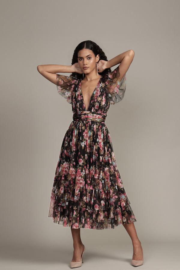Lace & Beads Madison Black Floral Tulle Midi Dress
