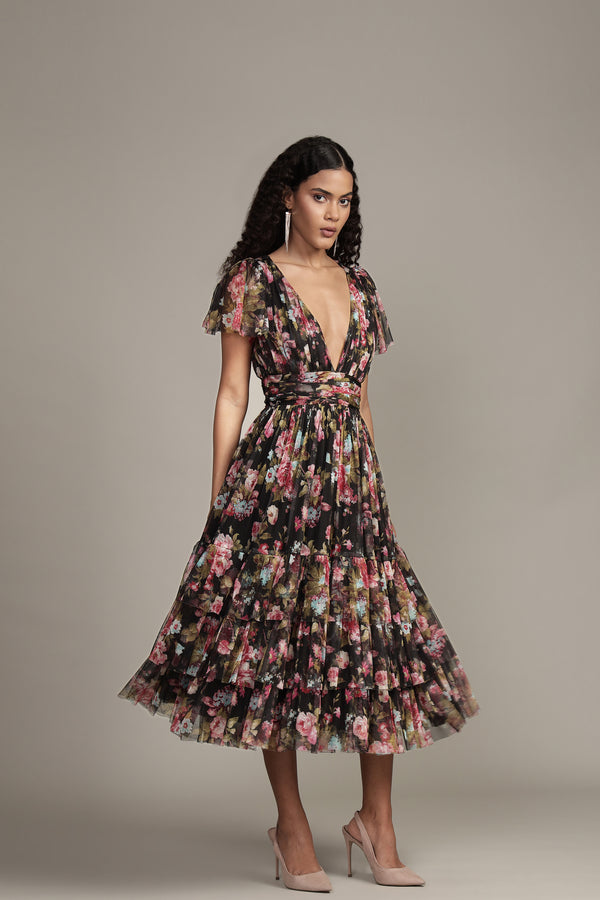Lace & Beads Madison Black Floral Tulle Midi Dress