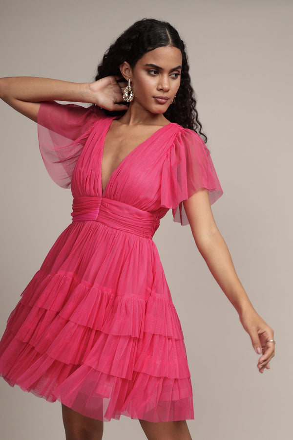Lace & Beads Madison Bright Pink Tulle Mini Dress