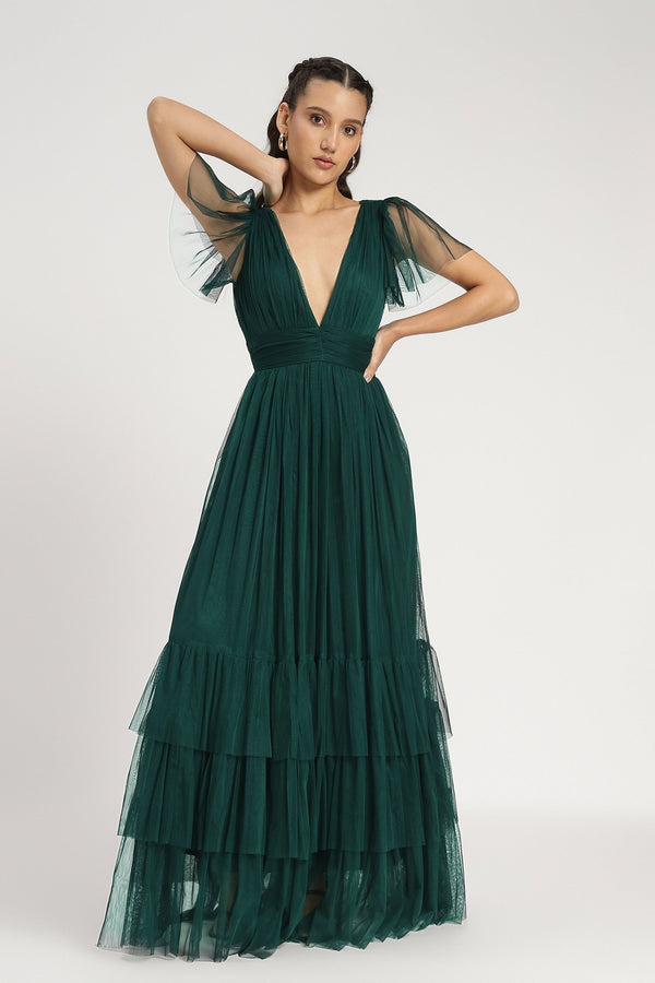 lace & beads Madison Maxi Dress in Forest Green