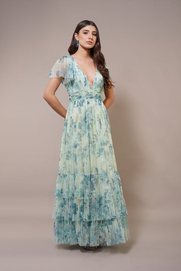 Lace & Beads Madison Maxi Dress In Light Sage Floral