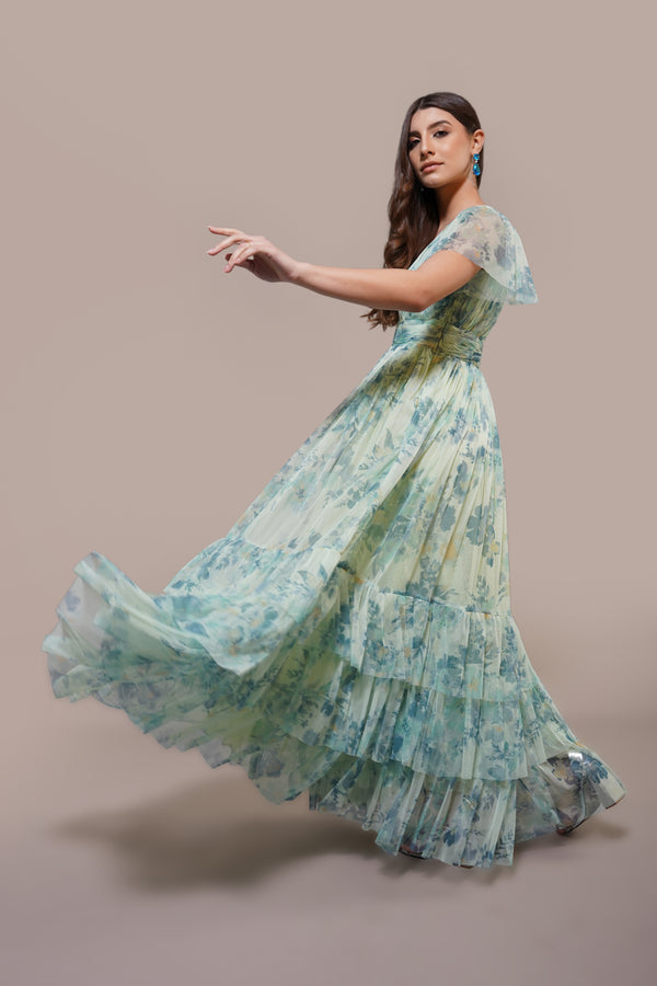 lace & beads Madison Maxi Dress in Light Sage Floral