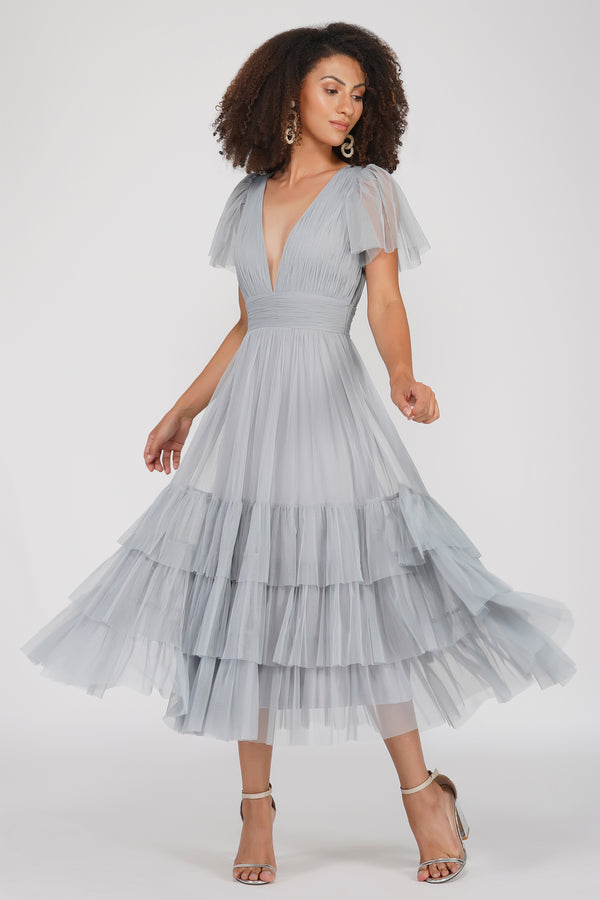 Lace & Beads Madison Tulle Midi Dress In Grey