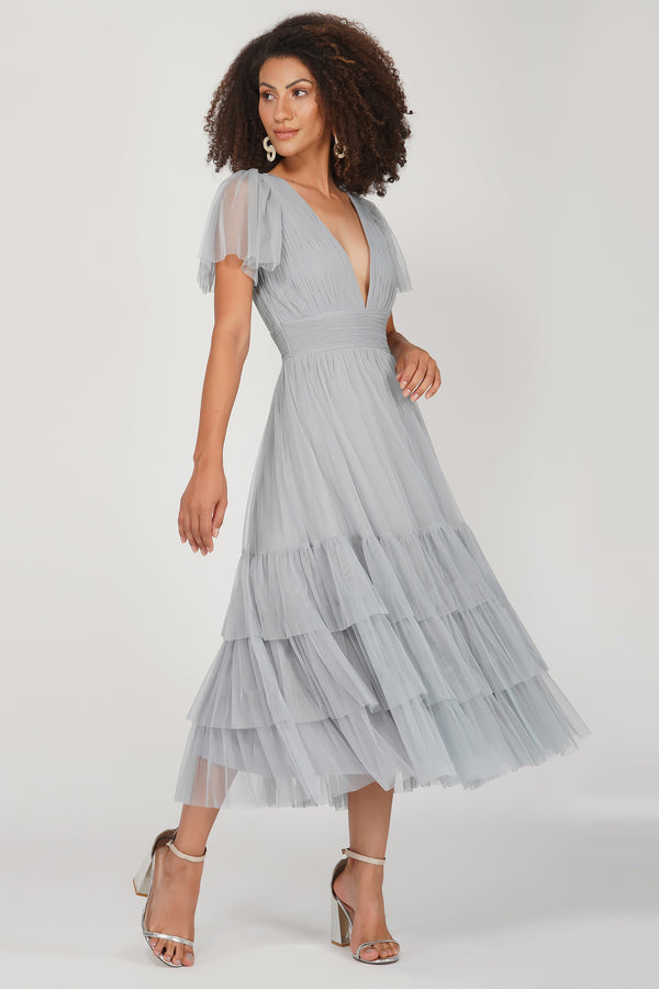 Lace & Beads Madison Tulle Midi Dress In Grey