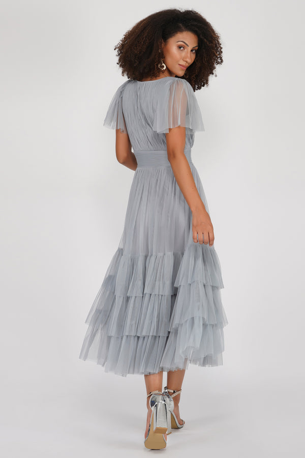 Lace & Beads Madison Tulle Midi Dress In Grey