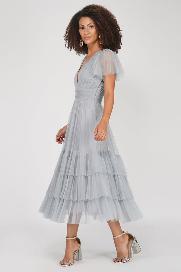 lace & beads Madison Tulle Midi Dress in Grey