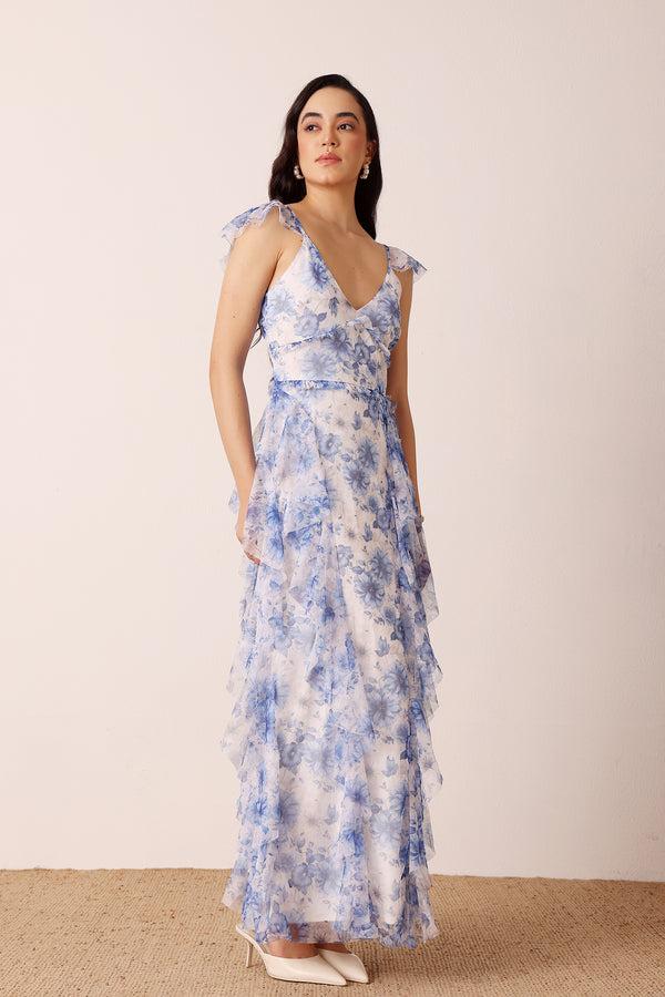 Lace & Beads Malin Maxi Dress In Blue Print