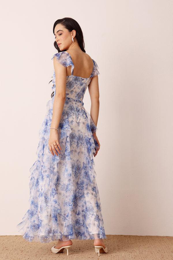 Lace & Beads Malin Maxi Dress In Blue Print
